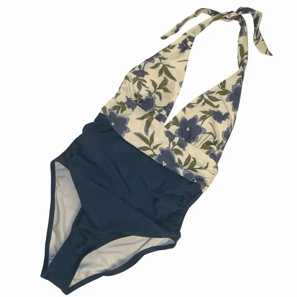 CUPSHE Floral Halter One-Piece Swimsuit Navy Blue Cream NEW Size M D/DD Bust